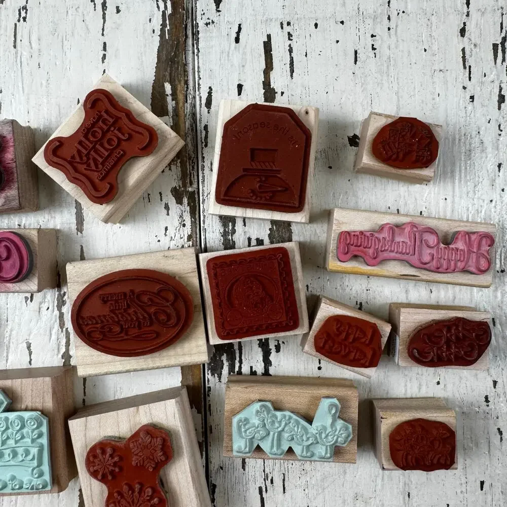 Wooden Rubber Stamps Bundle Lot of 23 Holiday and Birthday Seasonal Stamping